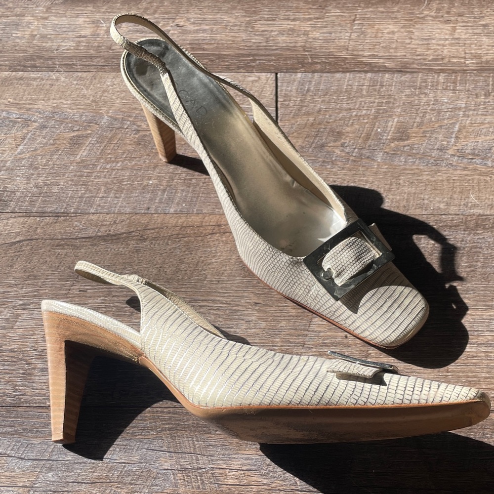 Escada Leather Slingback Kitten Heels Square Toe Buckle Front Vintage
